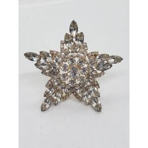 Rhinestone Star Snowflake Brooch Pin Clear Crystal Gold Tone Costume Jewelry